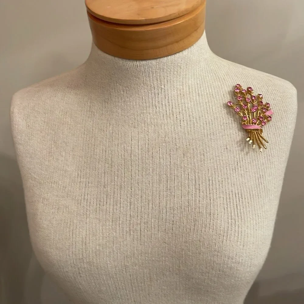 Vintage Pin Rhinestone Brooch Floral Bouquet with Pink Enamel Accents